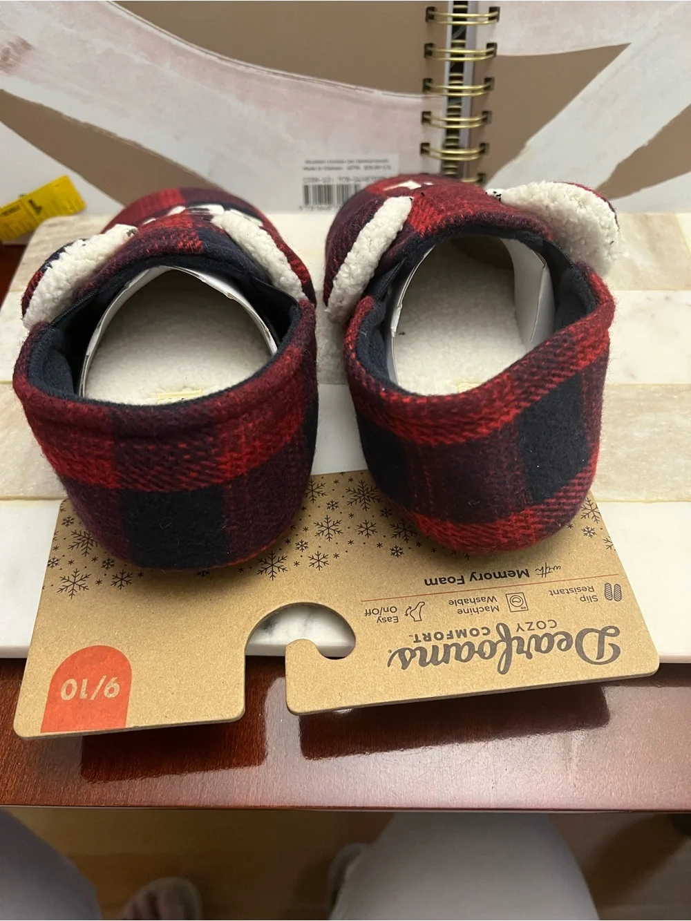 dearfoams Lil Bear Red and Black Plaid Memory Foam Slippers - Kids